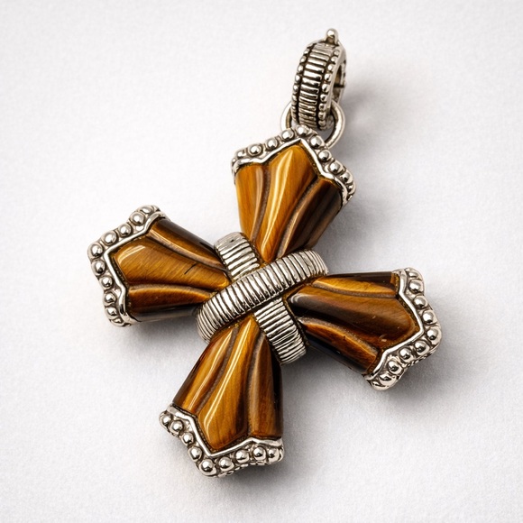 Judith Ripka Sterling Silver Tiger Eye Maltese Cross Pendant Designer Enhancer